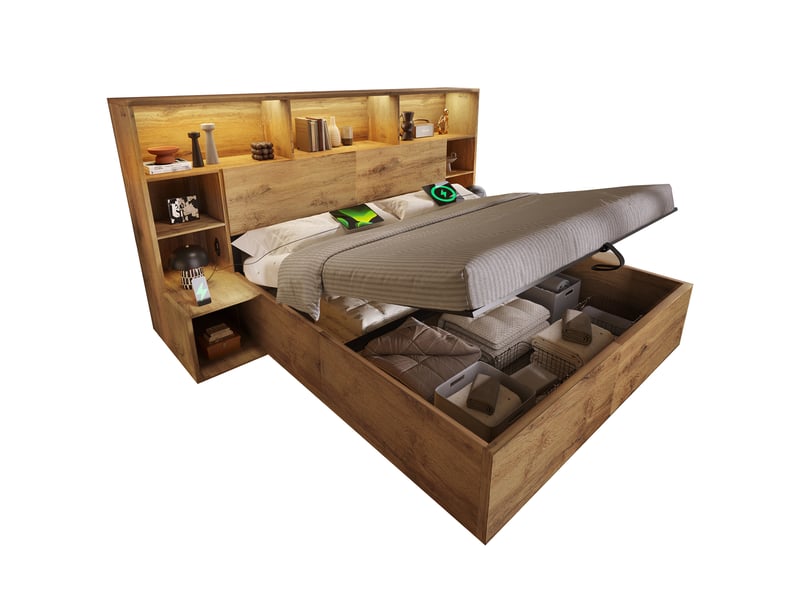  Lit coffre 160x200 cm, rangement hydraulique, 2 chevets intégrés, led 20 couleurs, 2 usb et 2 usb-c, sommier à lattes - effet chêne  - Conforama A