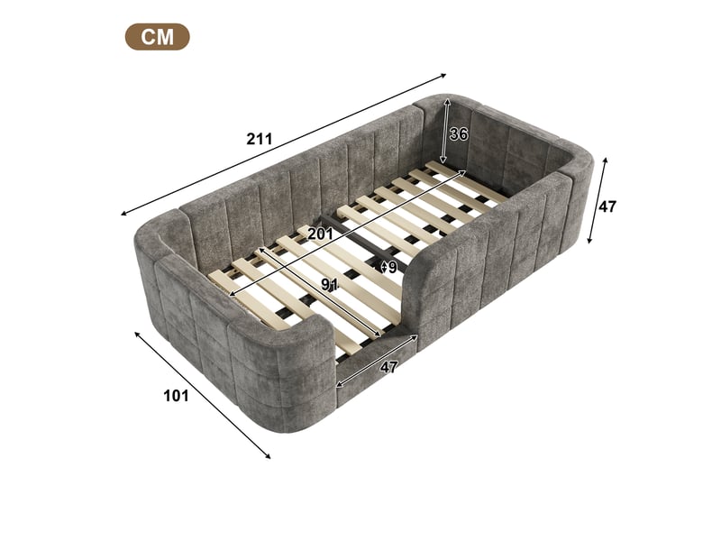  Lit enfant au sol rembourré 90 x 200 cm avec barrière périphérique et entrée basse, sommier à lattes inclus, en tissu chenille gris, sans matelas  - Conforama E