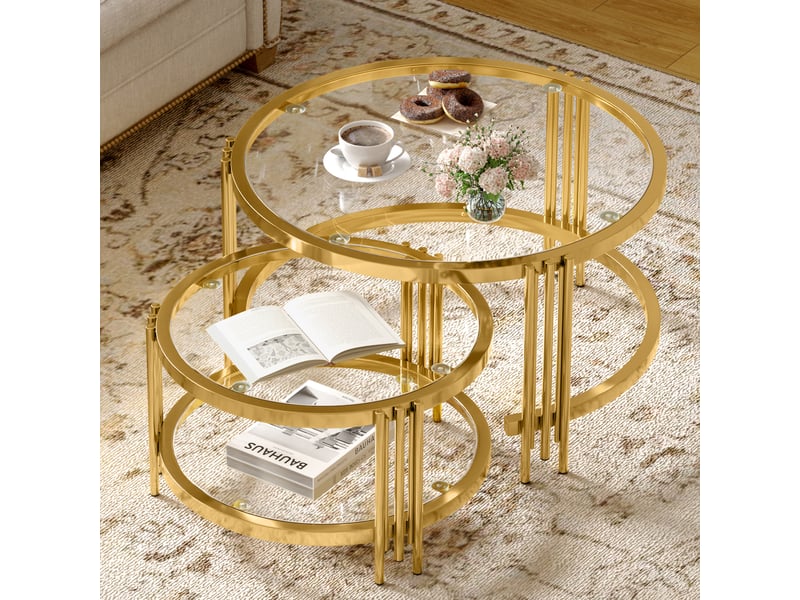  Lot de 2 tables basses avec plateau en verre, table de salon avec structure en métal, pour salon, couleur or  - Conforama E