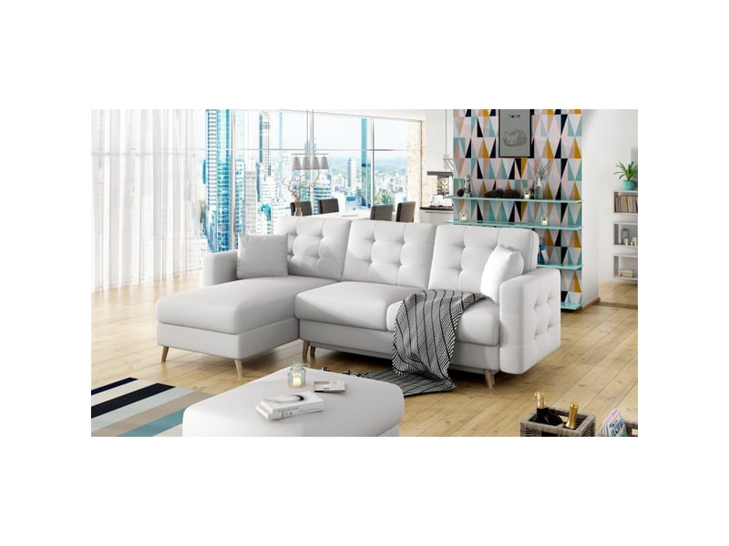  Canapé d'angle convertible hasgard 3 places blanc 248x162 cm – coffre et pieds bois  - Conforama B