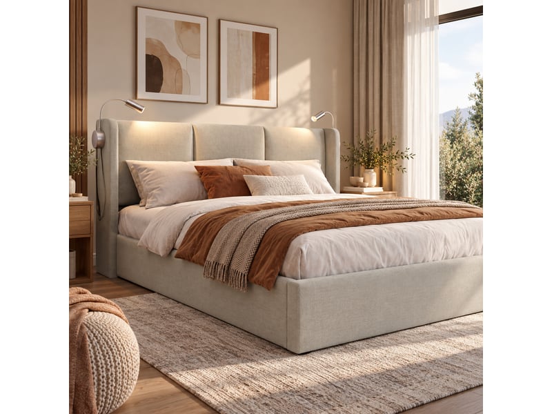  Lit double rembourré 140x200 cm avec coffre de rangement, tête de lit avec liseuse et usb, sommier à lattes, revêtement en lin, sans matelas IKSETERA TRADING LTD - Conforama D