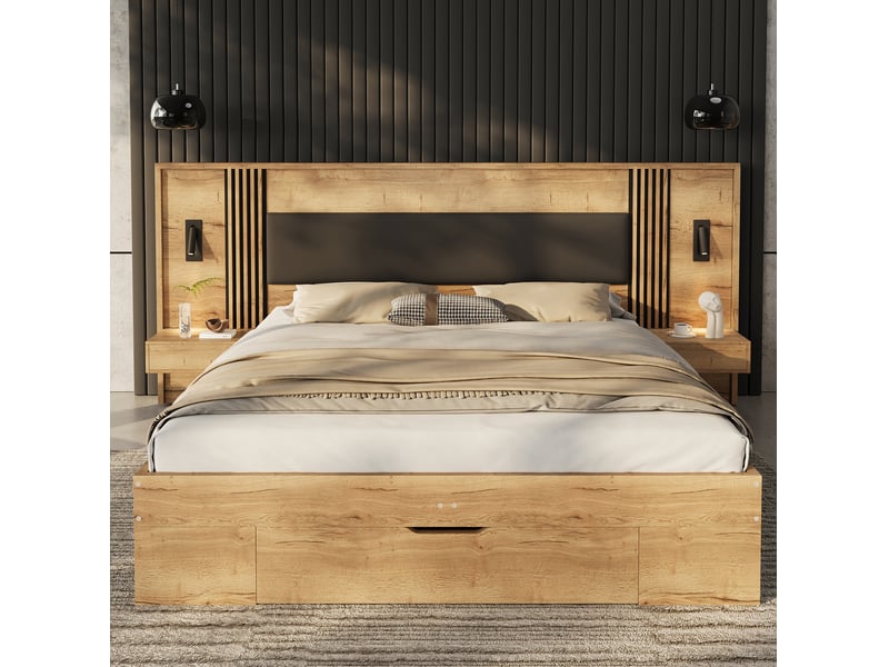 Lit double avec rangement, liseuses et 2 tables de chevet, cadre à tiroirs en mdf couleur naturelle - Conforama D