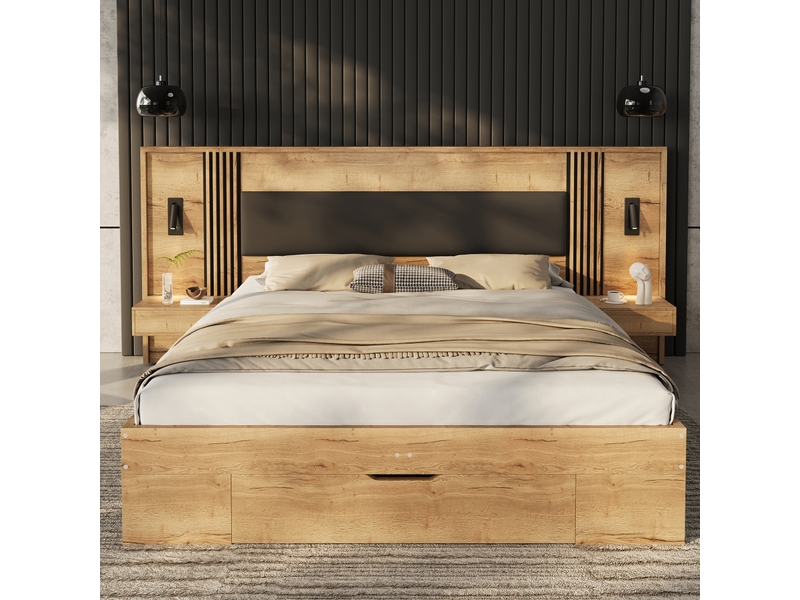  Lit double avec rangement, liseuses et 2 tables de chevet, cadre à tiroirs en mdf couleur naturelle  - Conforama D