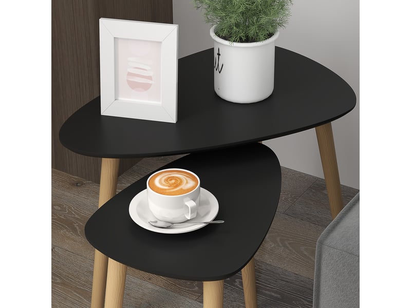  Lot de 2 tables basses gigognes design pieds scandinave en bois et plateau en bois, noir  - Conforama W