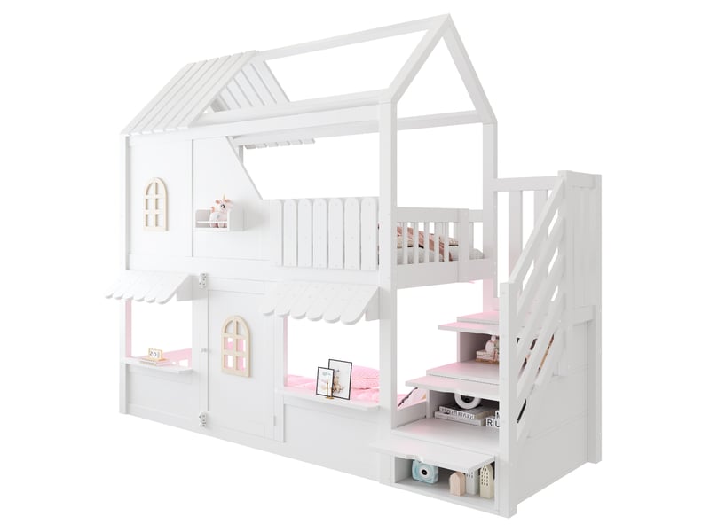  Lit superposé enfant modenvie 90 x 200 cm avec toit, fenêtres, porte ouvrante, échelle de rangement et led multicolore  - Conforama A