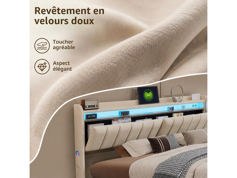  Lit coffre 140x190 cm avec éclairage led et port usb, lit adulte  avec tête de lit avec rangement, lits 2 personnes, velours, beige  - Conforama R