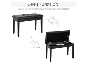 Banquette de piano classique avec rangement, bois d’hévéa, similicuir noir, 76 x 36 x 50 cm