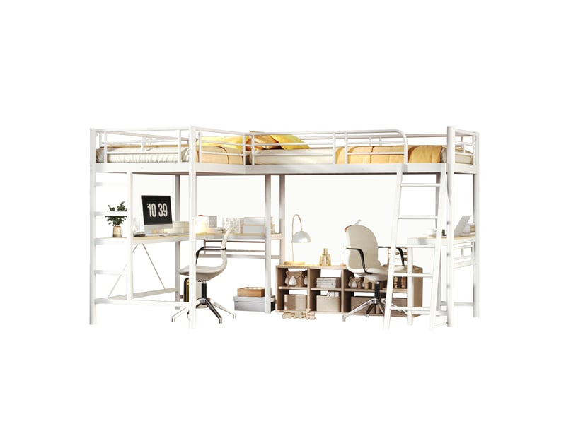  Lit mezzanine 90x200 cm, bureau intégré, double escalier, garde-corps haut, métal et mdf, blanc, sans matelas  - Conforama A