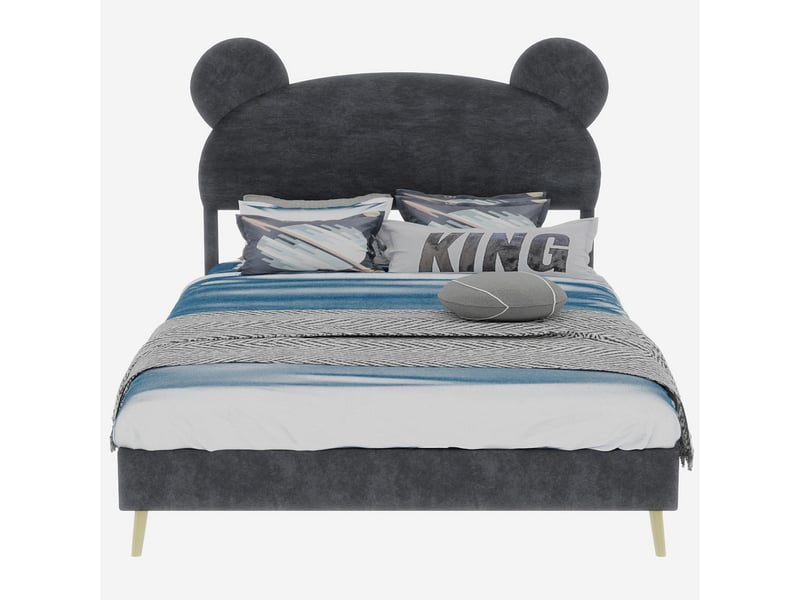  Lit rembourré 140x200 tête de lit oreilles d'ours - lit adulte - tissu gris, design moderne, coins arrondis, sans matelas  - Conforama A