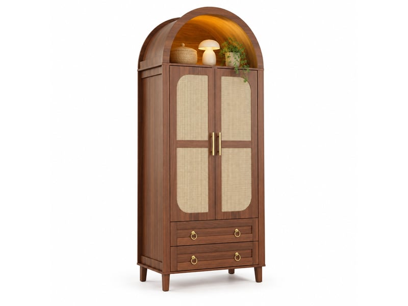Armoire,76x50x184 cm,2 portes avec led et tiroirs,mdf,effet rotin coloris noyer - Conforama A