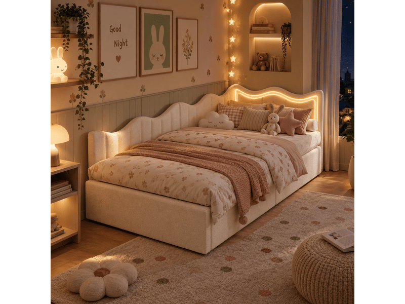 Lit enfant 90x200 cm avec rangement, lit coffre avec sommier, led, canapé lit, lit simple, cadre de lit hydraulique, velours, beige - Conforama C