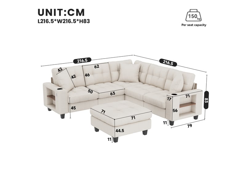 Canapé d'angle 216.5x216.5x83 modulable en forme de u avec pouf amovible accoudoirs et bibliothèque canapé 6 places porte-gobelet et ports usb-c chenille beige BUYDEEMEUS - Conforama C