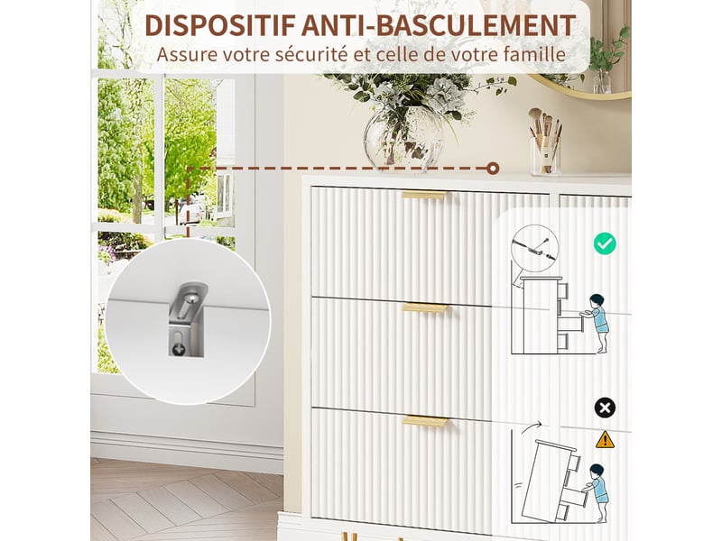  Commode 6 tiroirs 100 cm, commode chambre meuble de rangement moderne avec poignées et pieds dorés  - Conforama R