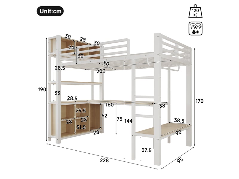  Lit mezzanine enfant 90x200 cm, bureau intégré, penderie, étagères et compartiments, barrière de sécurité, métal blanc Radiant Stride - Conforama C