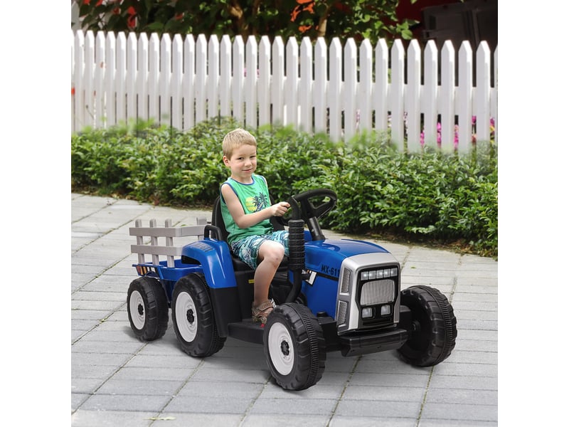 Voiture électrique pour enfants avec remorque, télécommande, phares, vitesse de 3 à 6 kmh, pour les enfants de 3 à 6 ans, bleue - Conforama C