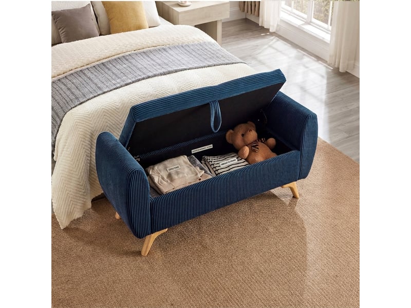  Banc de rangement bleu 145 cm en velours côtelé avec coffre pliable et pieds en bois  - Conforama E