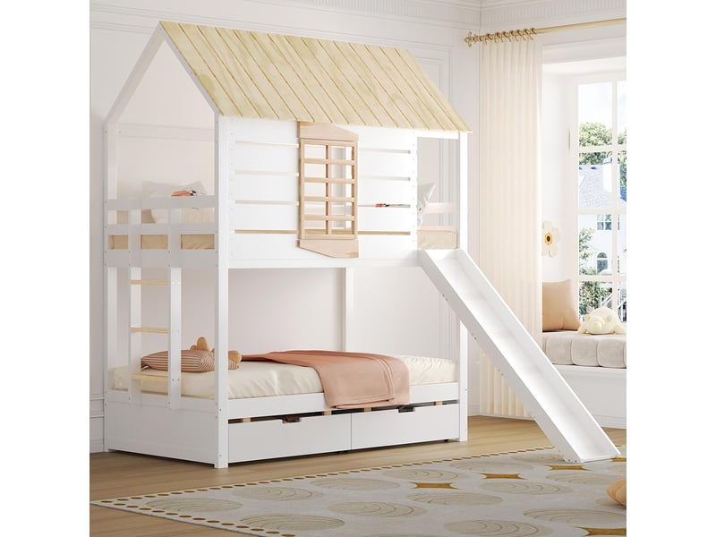 Lit superposé 90x200 avec toboggan et 2 tiroirs couleur blanc naturel  - Conforama E
