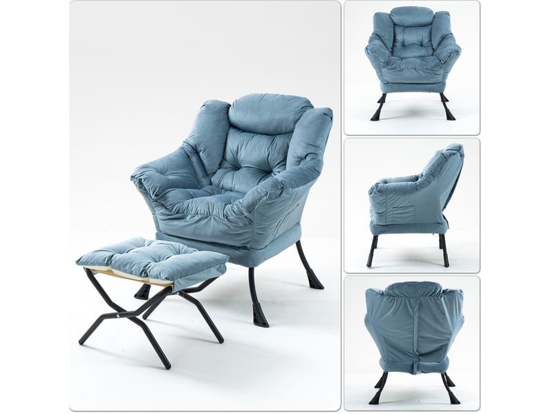  Fauteuil relax bleu clair avec repose-pieds pliable, appui-tête rembourré et poche latérale pour votre intérieur  - Conforama D