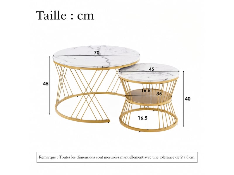  Lot de 2 tables basses gigognes rondes, plateau blanc effet marbre et cadre doré  - Conforama E