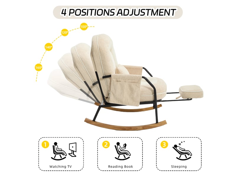 Fauteuil à bascule surdimensionné pour terrasse avec repos-pieds, poche latérale, coussin rembourré, dossier réglable, beige - Conforama R