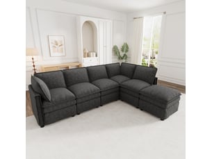 Canapé d'angle modulable convertible 6 places avec ottoman, en chenille gris