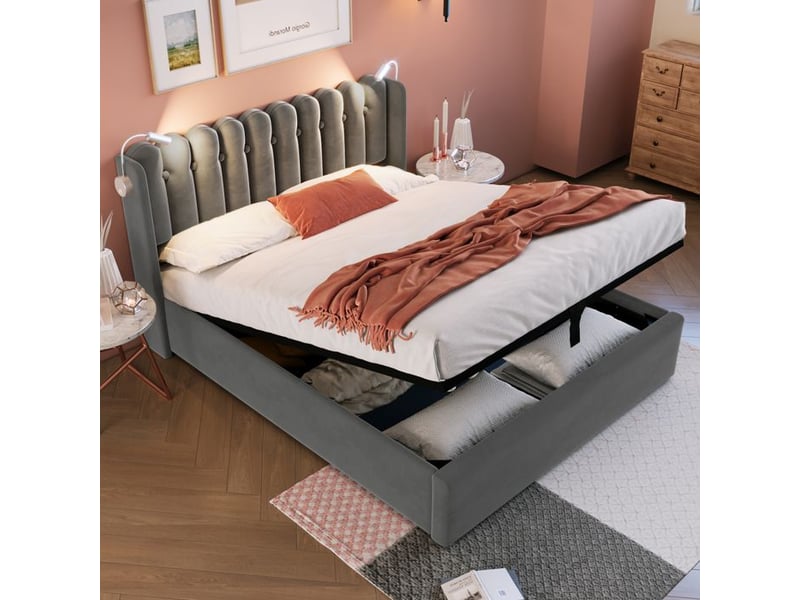  Lit double avec rangement - truxen - 160x200 cm - velours gris - lampe de lecture intégrée - prise usb  - Conforama C