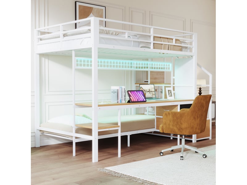 Lit superposé enfant 140x200 et 90x200 cm – blanc – bureau led, prises et rangements – sans matelas - Conforama B