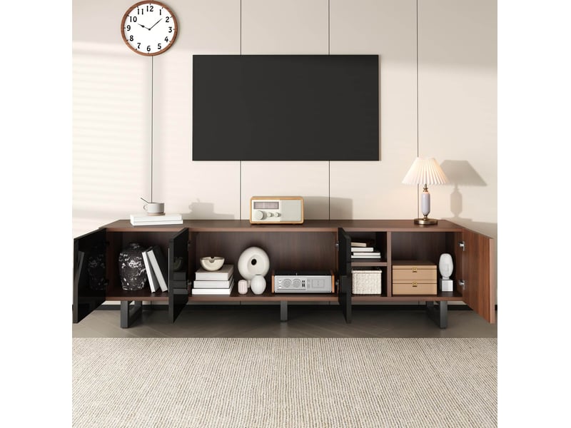  Meuble tv 180x38x50 cm design minimaliste avec portes laquées noir et motif bois chaleureux, mdf, noir et naturel  - Conforama B