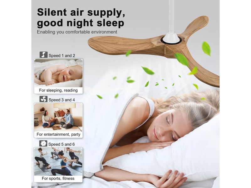  Ventilateur de plafond 107 cm sans éclairage bois massif blanc et naturel 6 vitesses télécommande silencieux minuterie et mémoire  - Conforama D