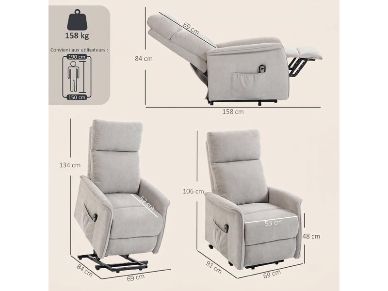  Fauteuil releveur électrique en chenille gris 69x91x106 cm  - Conforama C