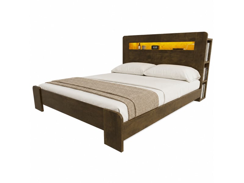  Lit plateforme bois 140 x 200 cm, tête de lit avec rangements, éclairage led et prises, coloris bois vieilli  - Conforama A