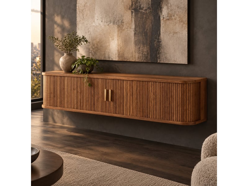  Meuble tv mural,175x30x30 cm,portes coulissantes et led,mdf,coloris noyer  - Conforama B