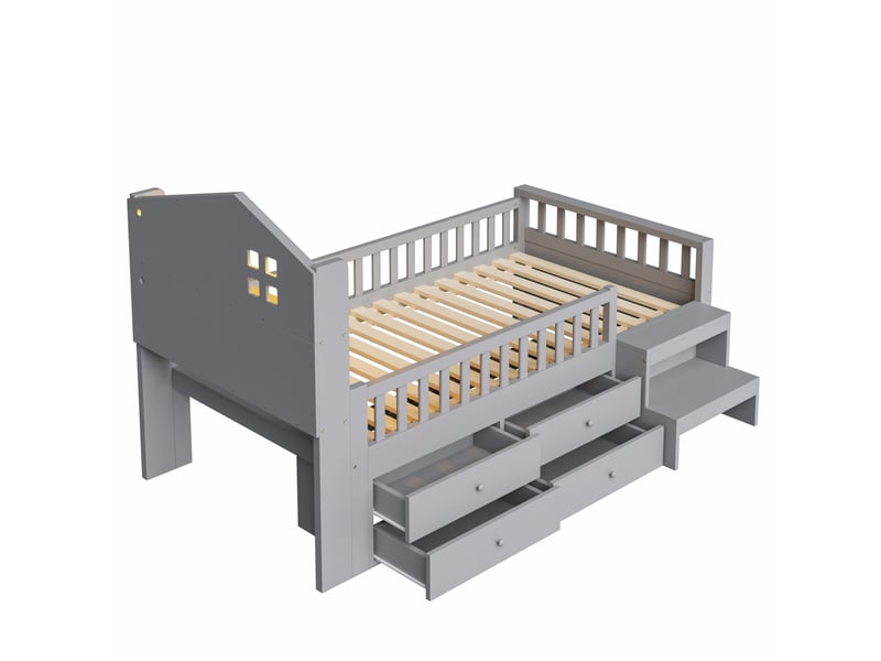  Lit enfant 90 x 200 cm, avec barrière de sécurité, quatre tiroirs de rangement, marchepied, éclairage led, ports de chargement usb et type-c, lit en bois massif avec sommier à lattes, lit simple, gris  - Conforama E