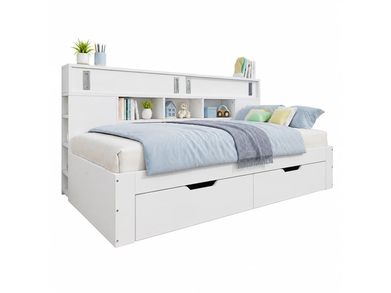Lit simple 90x190 cm, blanc, mdf, 2 tiroirs, 2 portes, tablettes réglables, multifonction - Conforama A