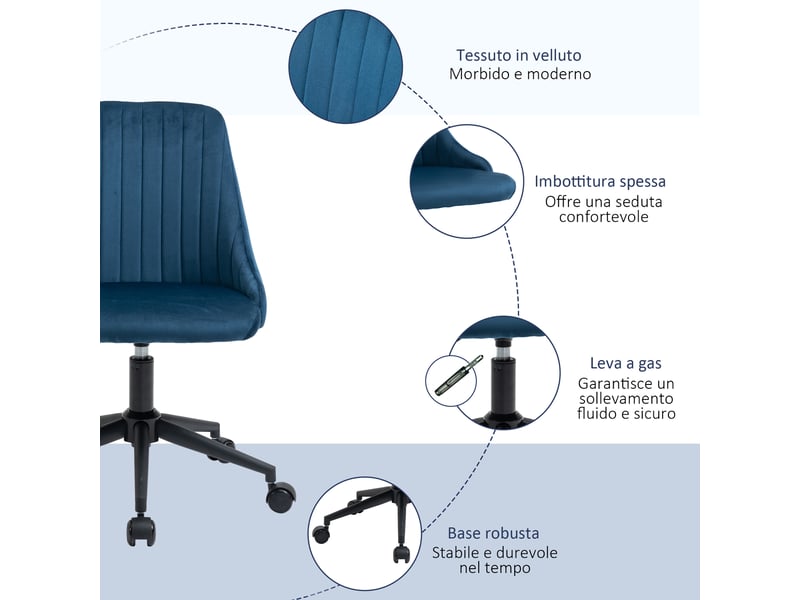  Chaise de bureau ergonomique en velours bleu, hauteur réglable, pivotante à 360° avec roulettes  - Conforama W