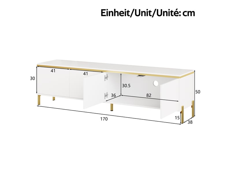  Meuble tv et table basse, 170x38x50 cm et 100x50x36 cm, rangements, panneaux de particules, blanc et doré  - Conforama D