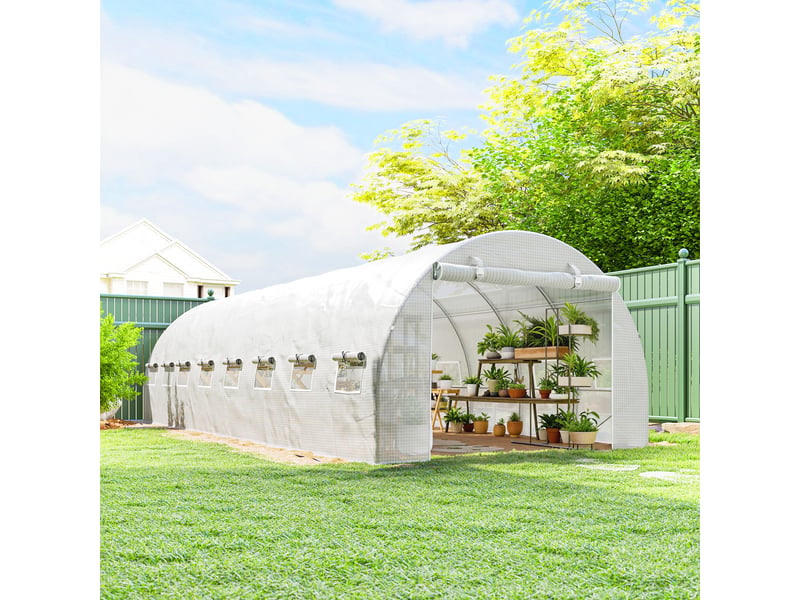  Serre de jardin tunnel 24m² 8l x 3l x 2h m - 16 fenêtres, porte zippée enroulable acier galvanisé, bâche pe, blanc  - Conforama D