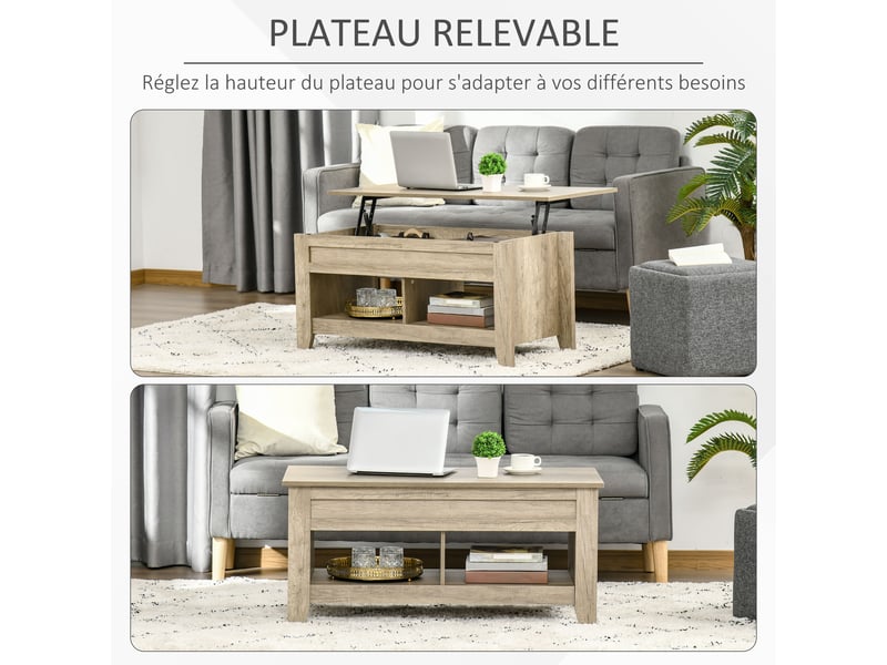  Table basse à plateau relevable 2 niches coloris chêne clair 105 x 50 x 49-62,5 cm  - Conforama D