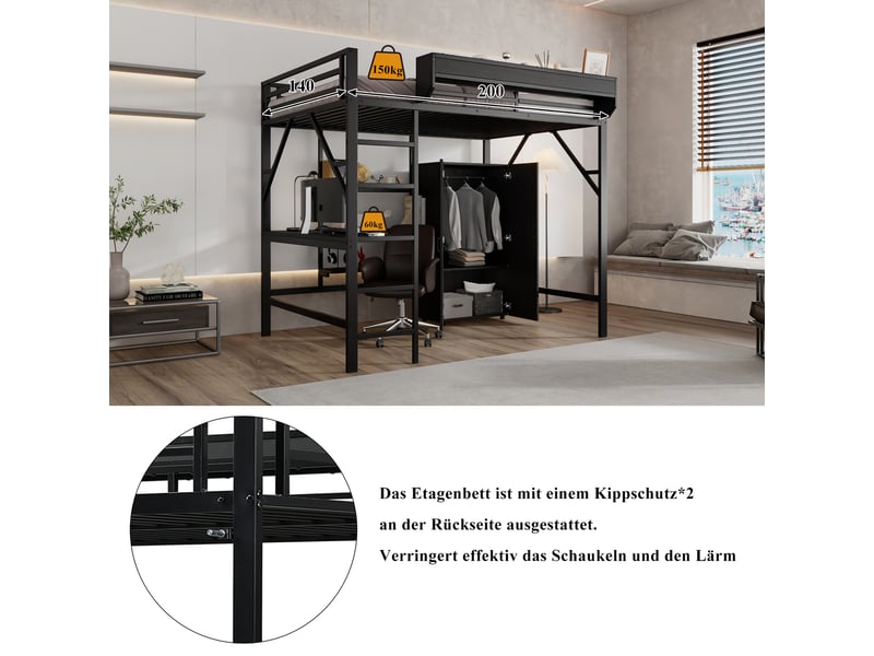  Lit mezzanine avec rangement - 140x200 cm - noir - espace de rangement à deux niveaux - étagère au lit supérieur  - Conforama R