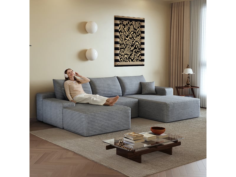  Canapé d’angle modulable 270 x 175 x 83 cm 3 places avec pouf, méridienne en l, assise profonde, sans montage, gris Bliss Lite - Conforama B