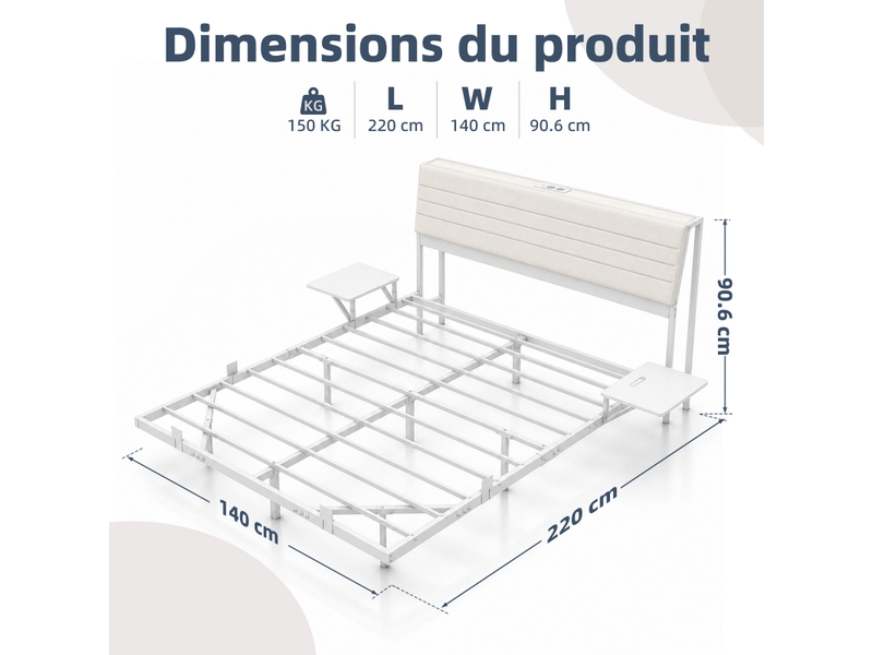  140x200cm-led-plateau de table pour tête de lit-cadre de lit tapissier- lit double-led-usb-type-c, blanc  - Conforama B