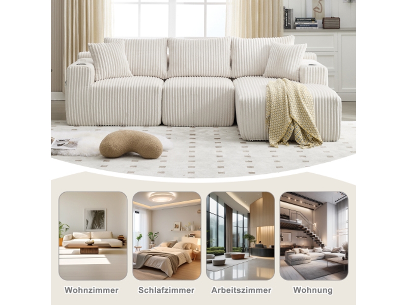  Canapé modulaire 3 places avec chaise longue - velours côtelé doux, 5 coussins, mousse haute densité - salon  - Conforama E