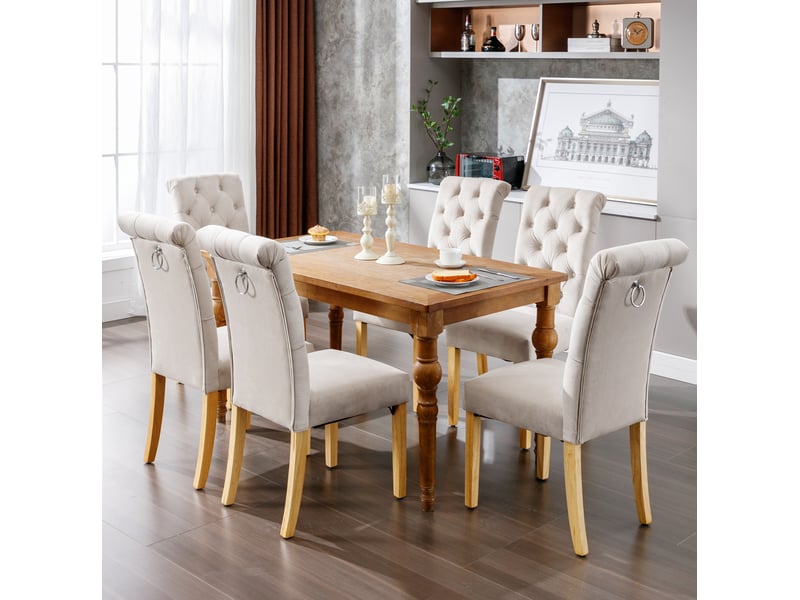  Chaise de salle à manger lot de 6 avec dossier capitonné et pieds réglables en bois et velours beige  - Conforama B