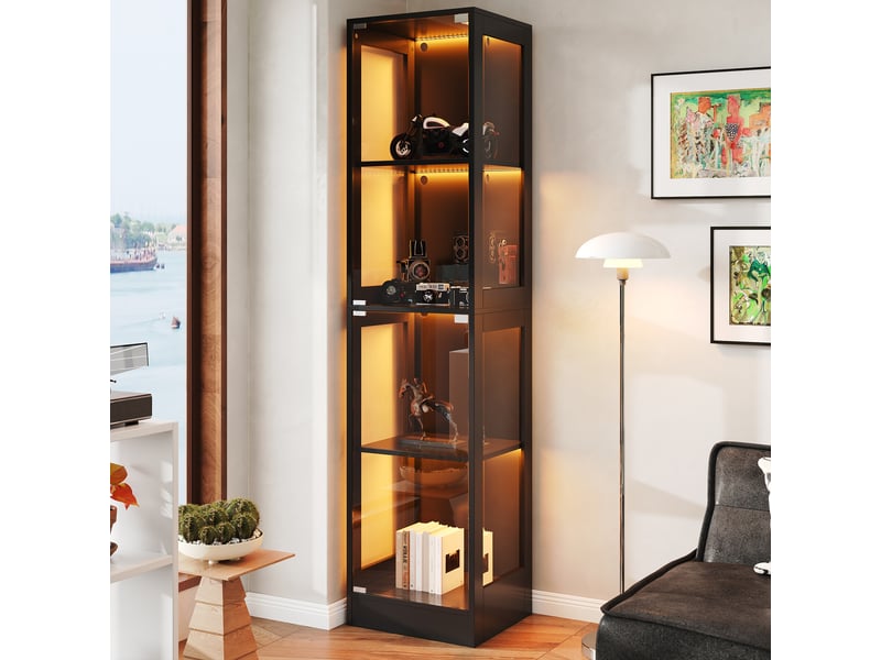  Vitrine led en verre trempé, meuble vitrine noir 4 niveaux avec éclairage connecté, armoire d'exposition pour figurines, 40x35x170cm RH-NK000203AAB - Conforama W