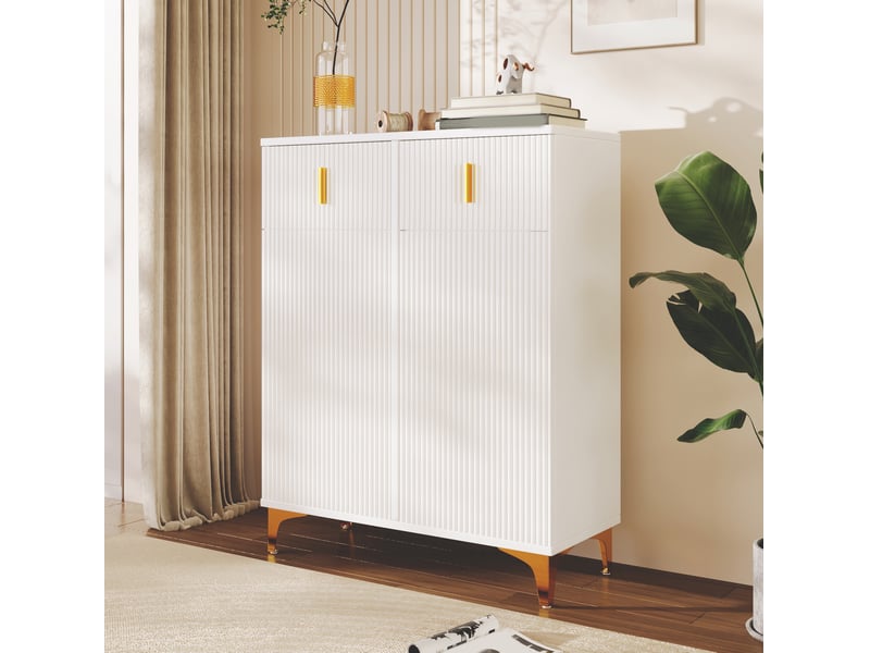 Buffet haut ulevr à 2 portes et 2 tiroirs, étagères réglables, 83 x 35 x 101 cm, panneaux de particules blanc et détails dorés - Conforama D