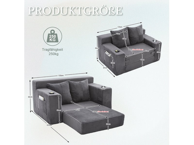  Canapé-lit double 151x133x64 cm avec deux coussins gris sans matelas  - Conforama E