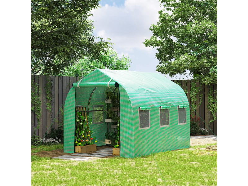  Serre de jardin tunnel serres tunnel 6 m² avec 6 fenêtres porte à fermeture éclair toile pe structure fer galvanisé vert  - Conforama C