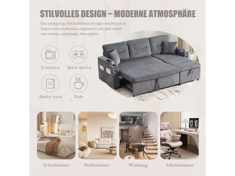  Canapé rangement intégré porte-gobelets usb-c intégré chaise longue hydraulique tiroirs de rangement design stylé confort flexibilité  - Conforama E