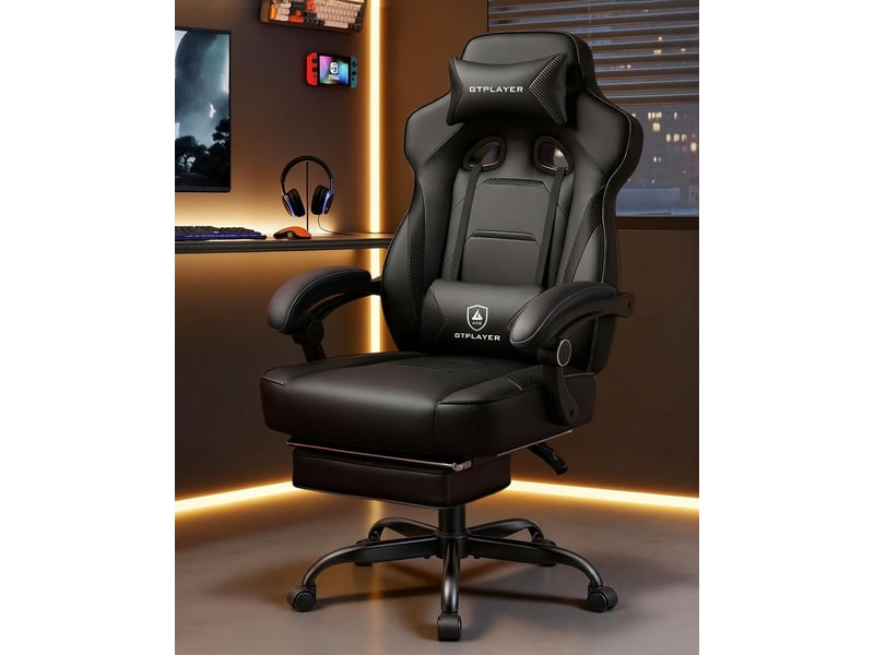 Gtplayer chaise de jeu avec repose-pieds, 180kg, soutien lombaire, appui-tête réglable, inclinable à 155° - noir F59-BLK-TJ - Conforama B