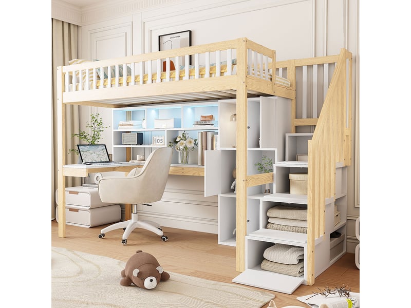  Lit mezzanine enfant 90x200 cm avec bureau intégré, échelle de rangement, étagères, niches et éclairage led, pin et mdf, blanc et naturel  - Conforama B